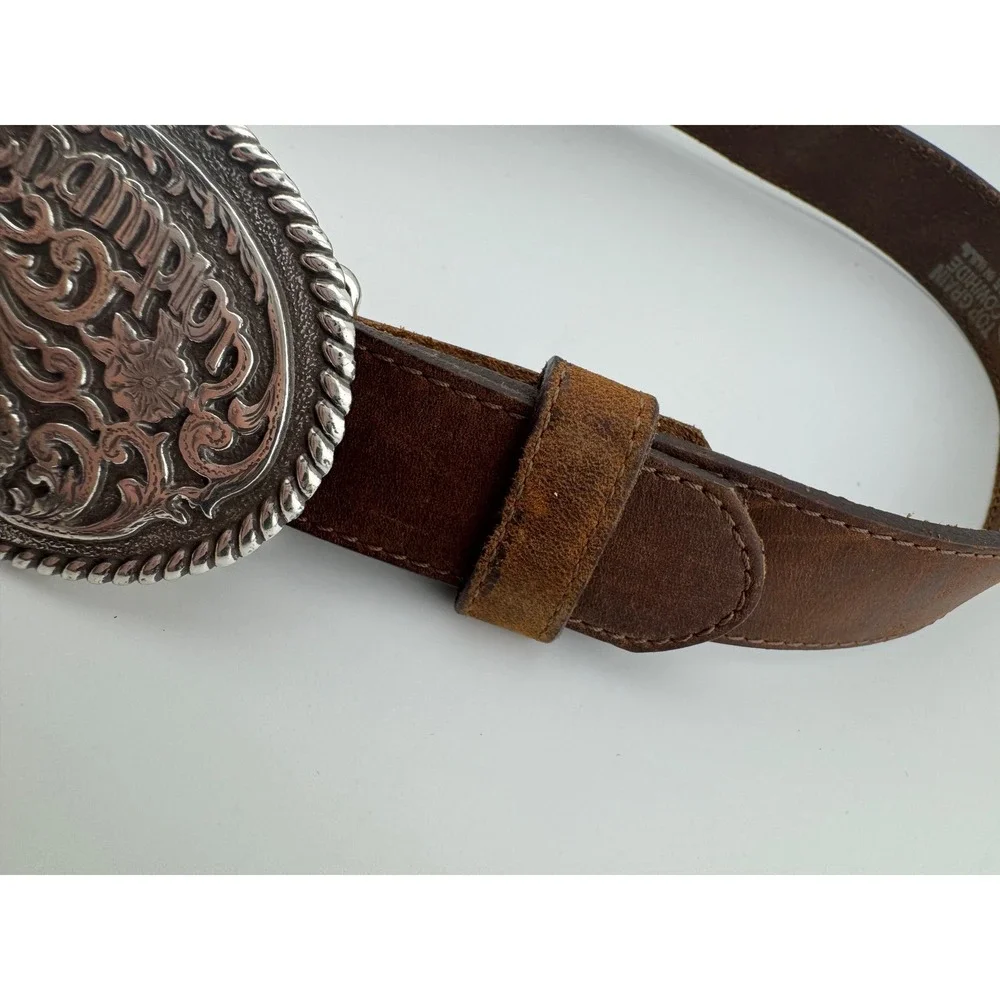 Justin‎ Mens Brown Top Grain Cowhide Leather Belt Champion Bull Rider Buckle 24